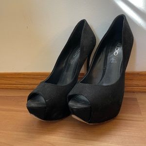 Black suede open toe heels. Size 6.5